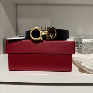Salvatore Ferragamo Black Leather Belt with Gold Gancini Buckle